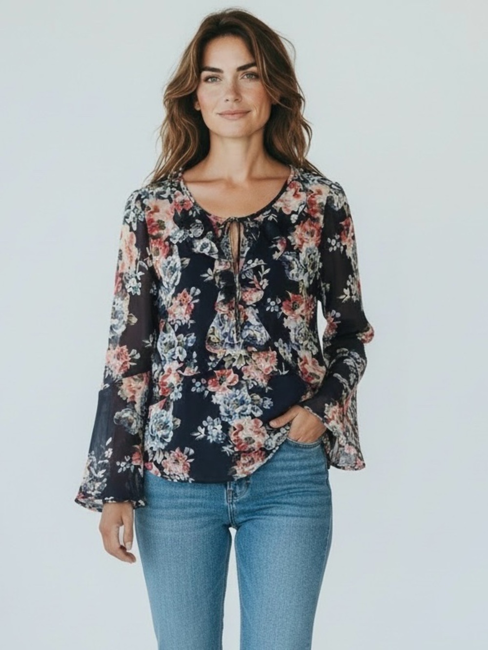 WHBM Floral Ruffle Tie-Neck Blouse - Navy with Pink & Blue Flowers
